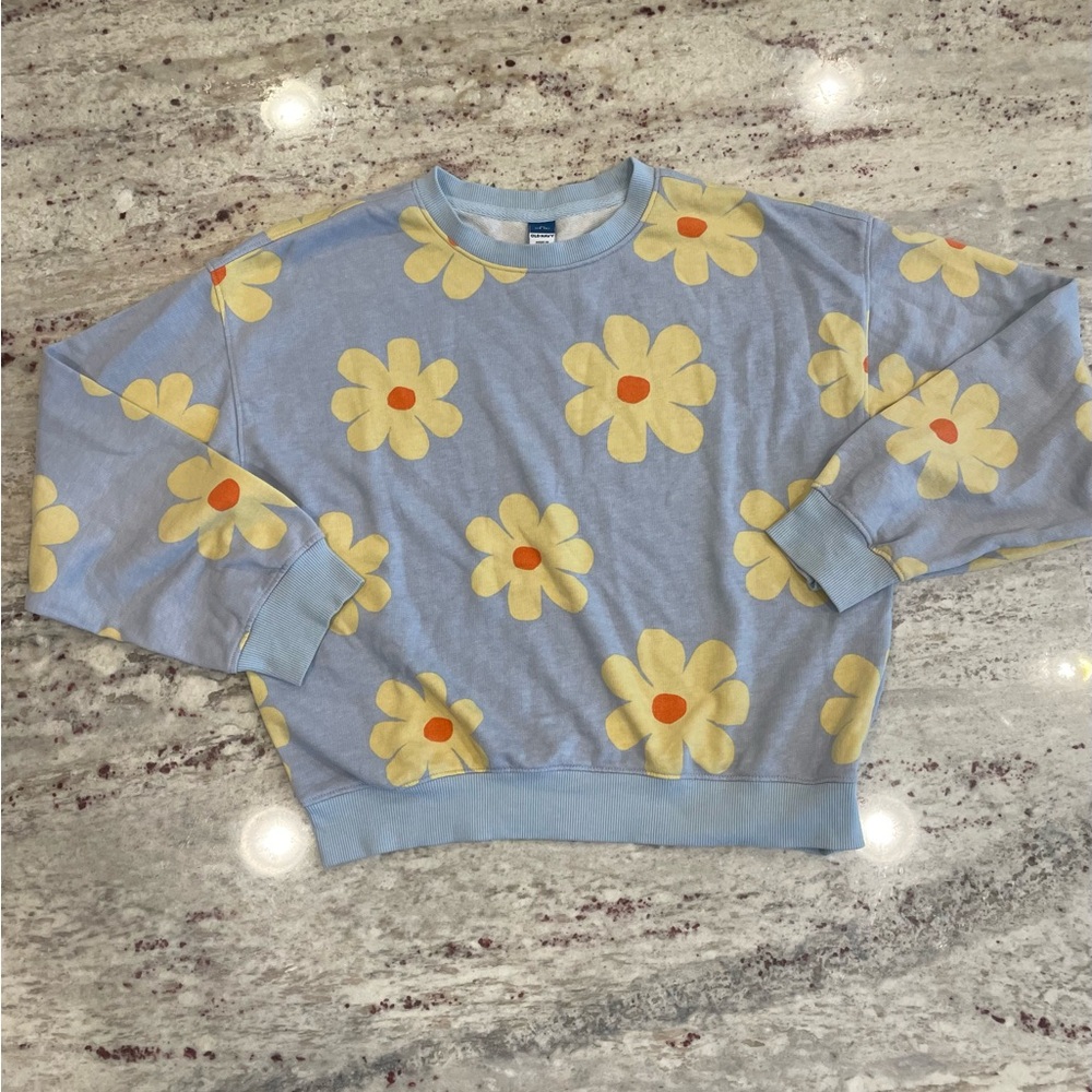 Old Navy Light Blue Sweatshirt with Yellow Floral Design.  VGUC.  Size 14-16.